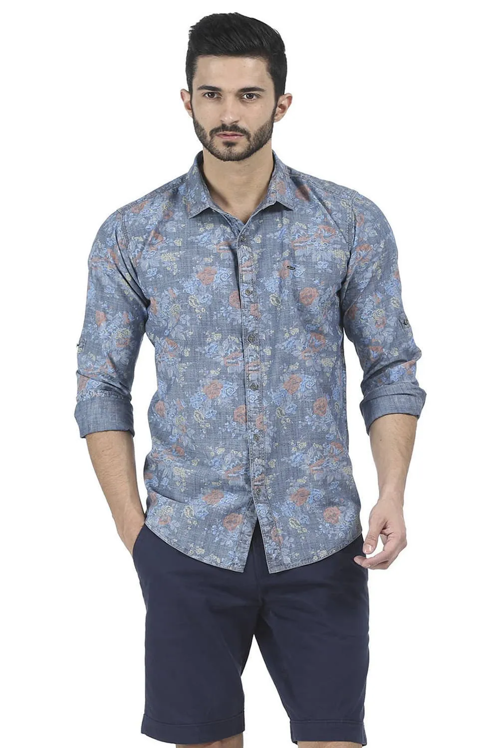 Slim Fit Blue Printed Shirt