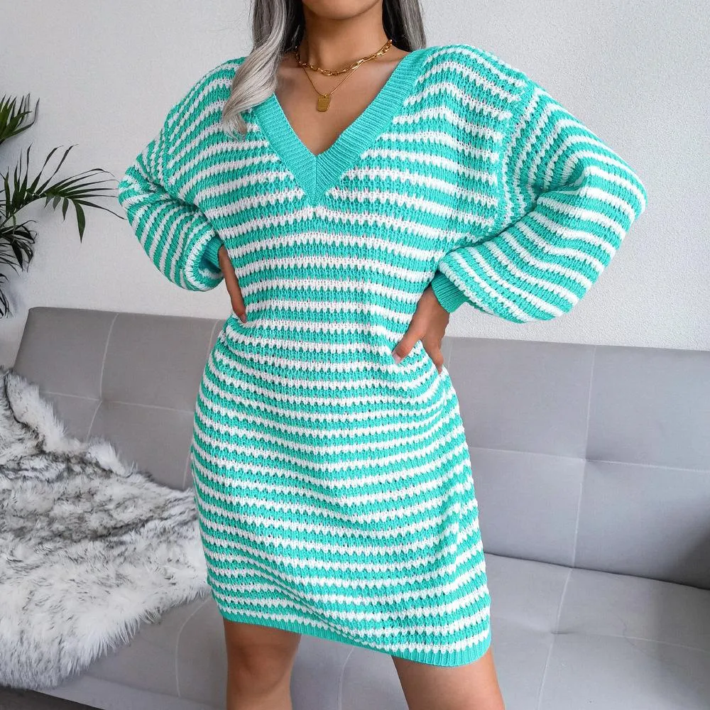 Striped hollow sweater dress knitted dress