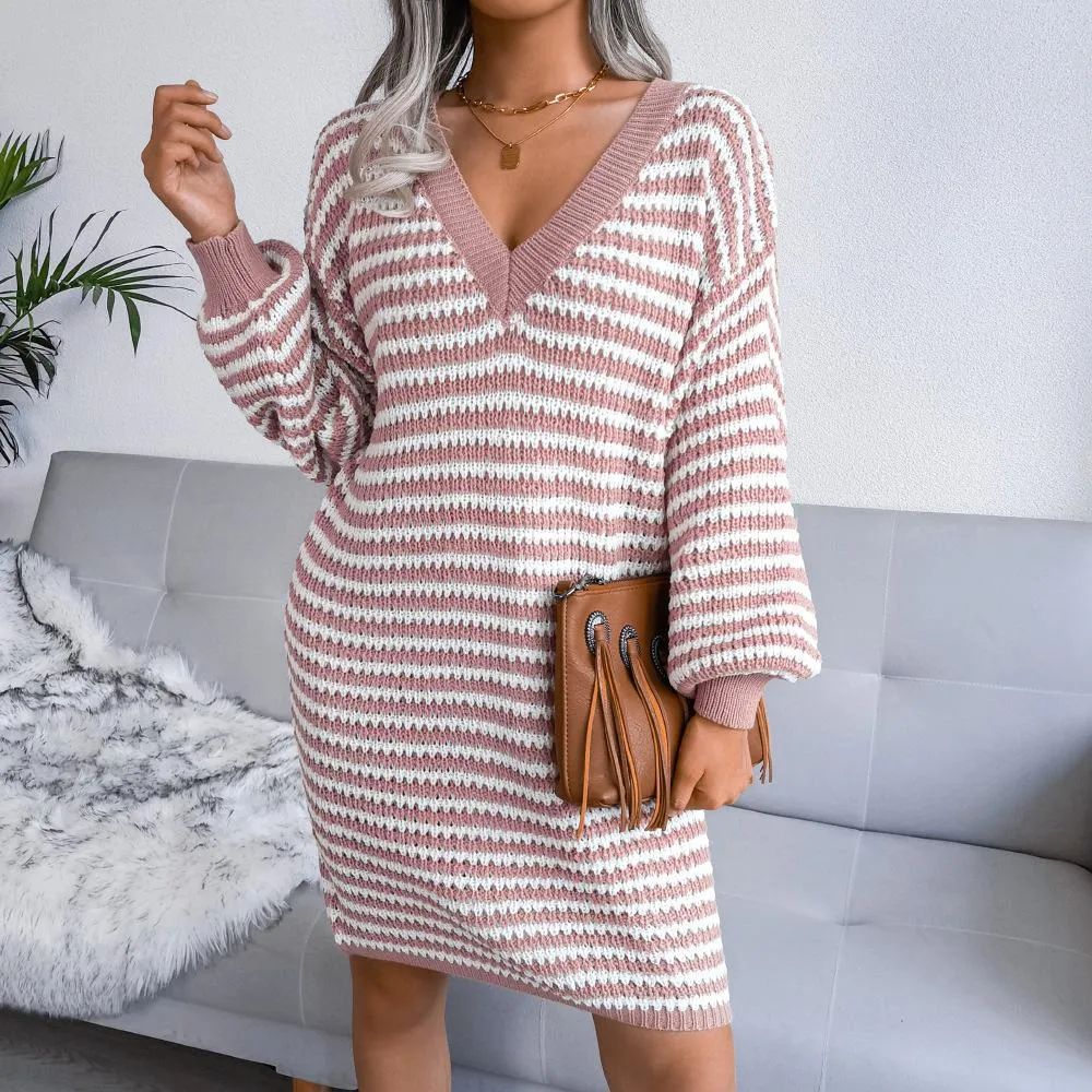 Striped hollow sweater dress knitted dress