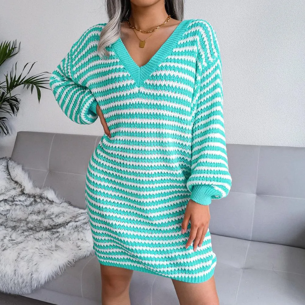 Striped hollow sweater dress knitted dress