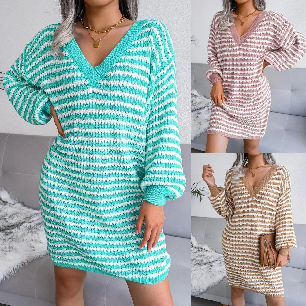 Striped hollow sweater dress knitted dress