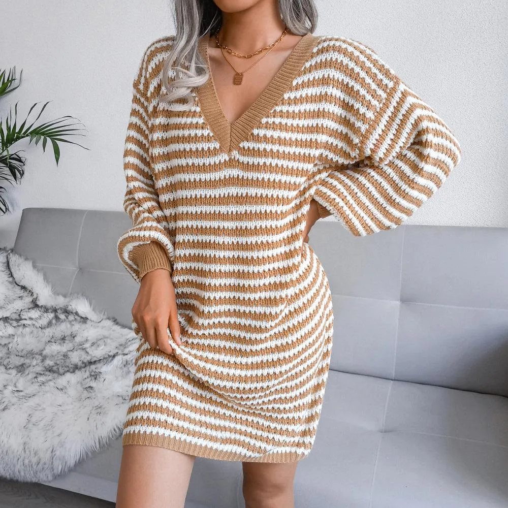 Striped hollow sweater dress knitted dress