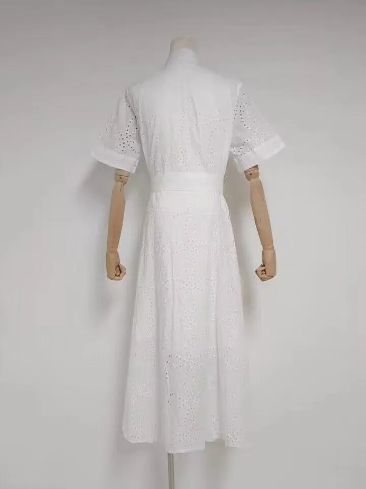 Summer Embroidered Hollow Out Tied Waist-controlled White Dress