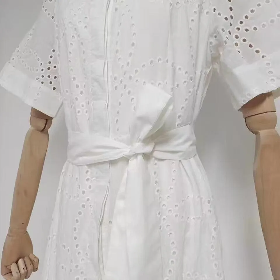 Summer Embroidered Hollow Out Tied Waist-controlled White Dress