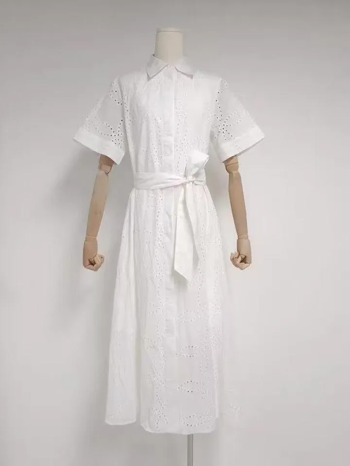 Summer Embroidered Hollow Out Tied Waist-controlled White Dress