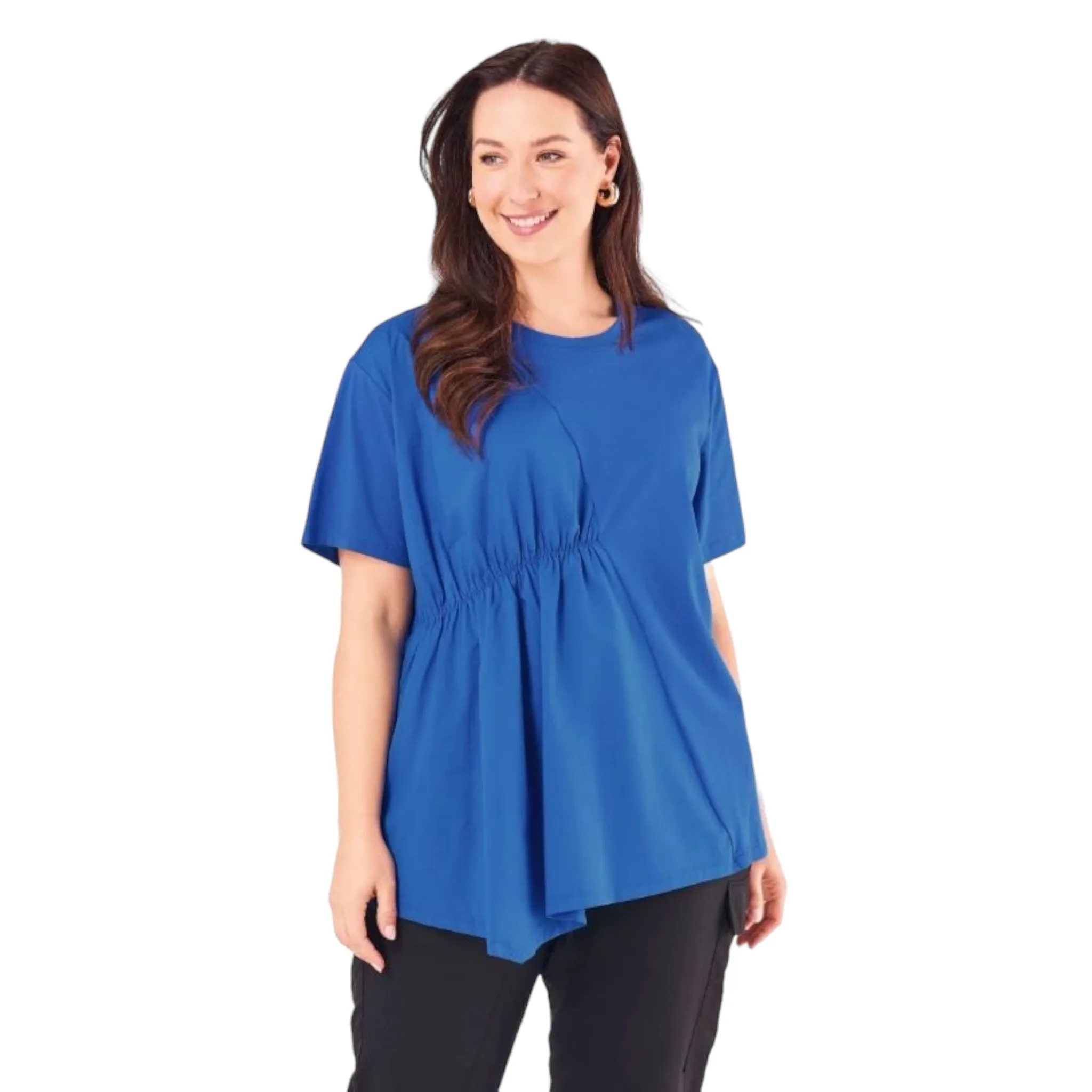 Tirelli Asymmetric Ruched Cotton Tunic Cerulean Blue