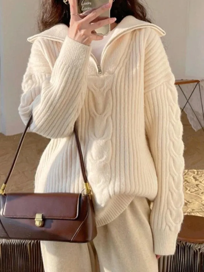 Wenkouban-Spring Casual Outfits Y2K Outfits Beige Half Zip Pullover Sweater