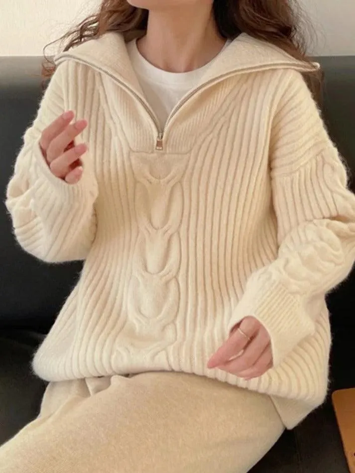 Wenkouban-Spring Casual Outfits Y2K Outfits Beige Half Zip Pullover Sweater