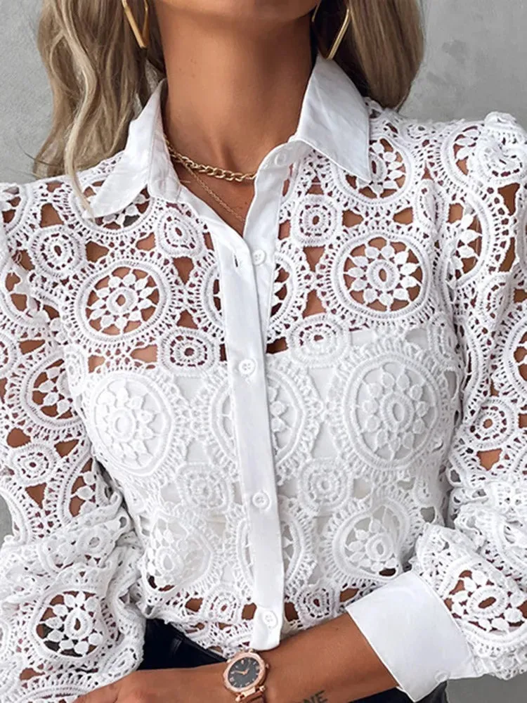 White Lace Blouse/Womens Long Sleeve Hollow Top Shirt