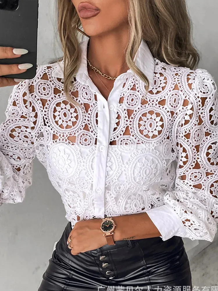 White Lace Blouse/Womens Long Sleeve Hollow Top Shirt