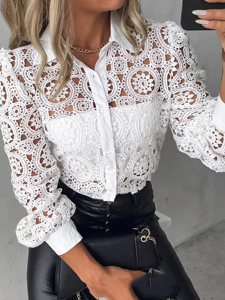 White Lace Blouse/Womens Long Sleeve Hollow Top Shirt