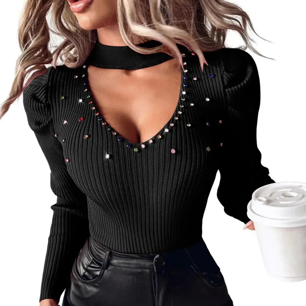 Women Hollow Out V-Neck Tops Studded Rhinestones Slim Fit Knit Blouse