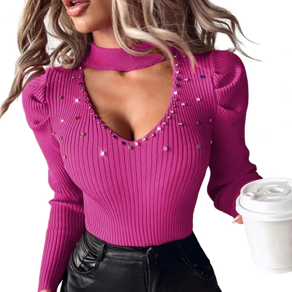 Women Hollow Out V-Neck Tops Studded Rhinestones Slim Fit Knit Blouse