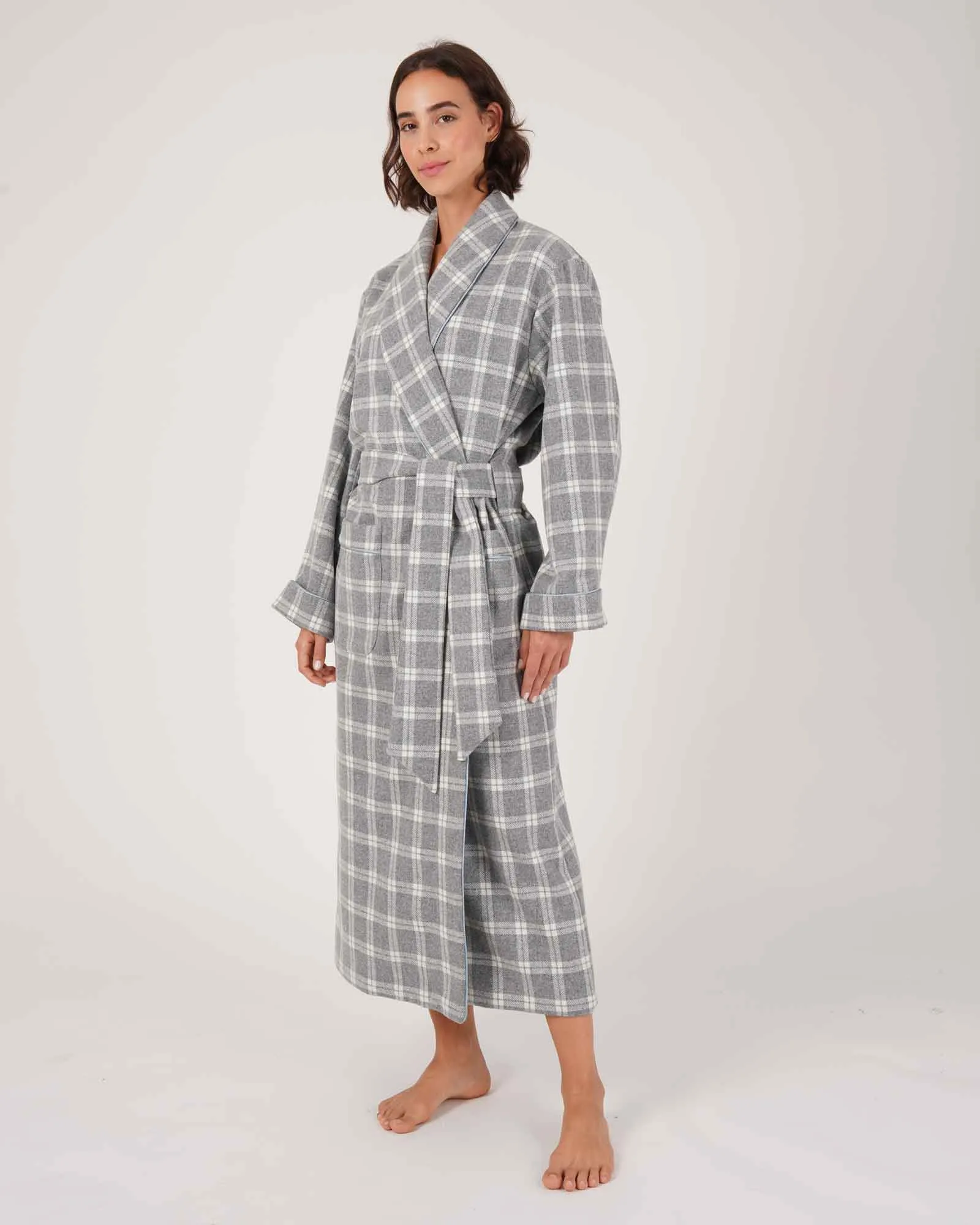 Women's Silk-Lined Wool Robe - Grey Blue Check