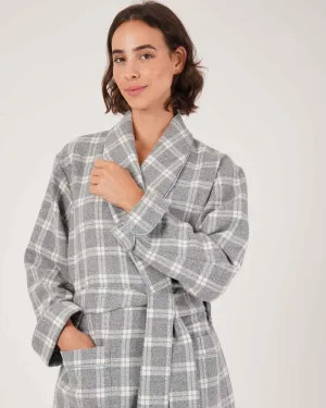 Women's Silk-Lined Wool Robe - Grey Blue Check