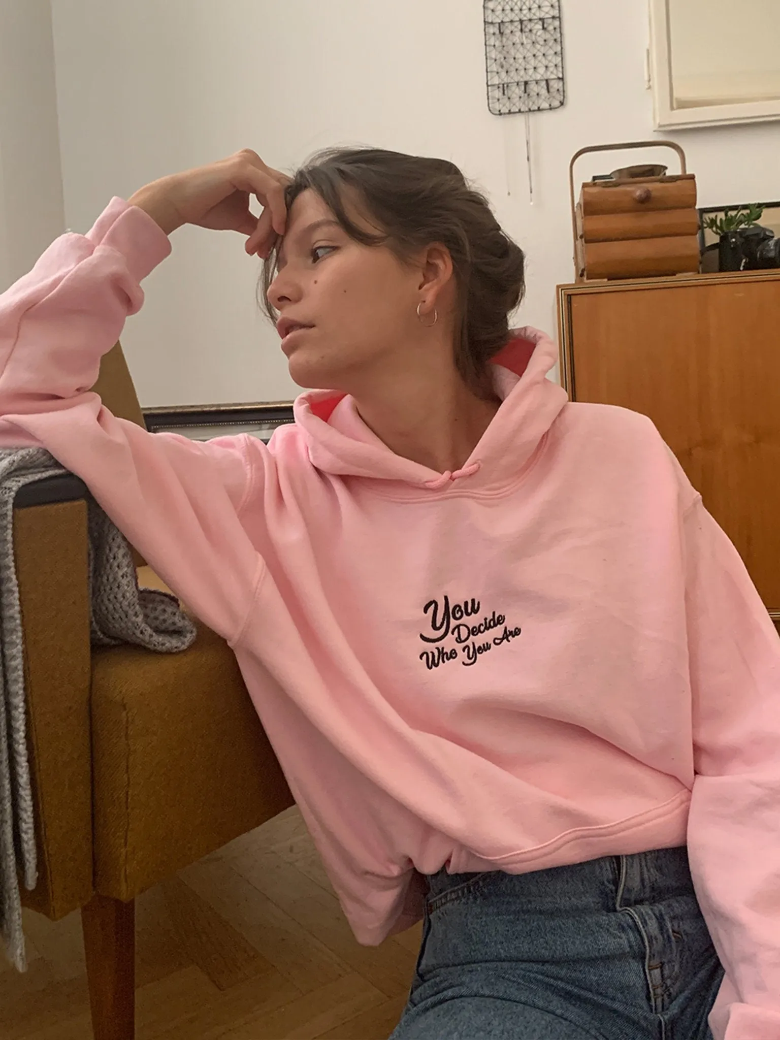 You Decide Who You Are embroidered Hoodie (light pink)