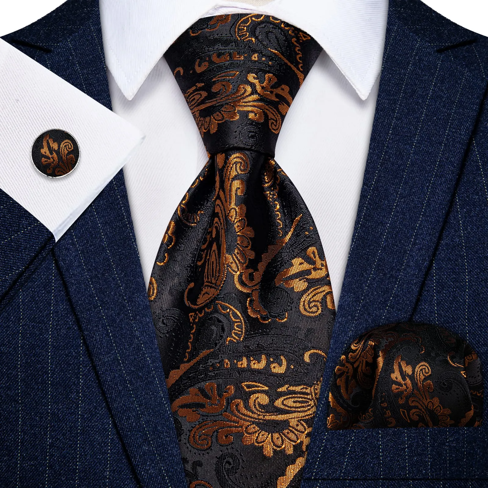 YourTies Black Solid Long Sleeve Shirt with Black Golden Floral Silk Tie for Men