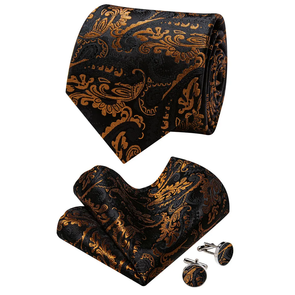 YourTies Black Solid Long Sleeve Shirt with Black Golden Floral Silk Tie for Men