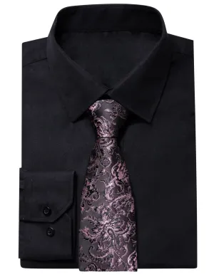 YourTies Black Solid Long Sleeve Shirt with Black Purple Floral Silk Tie for Men