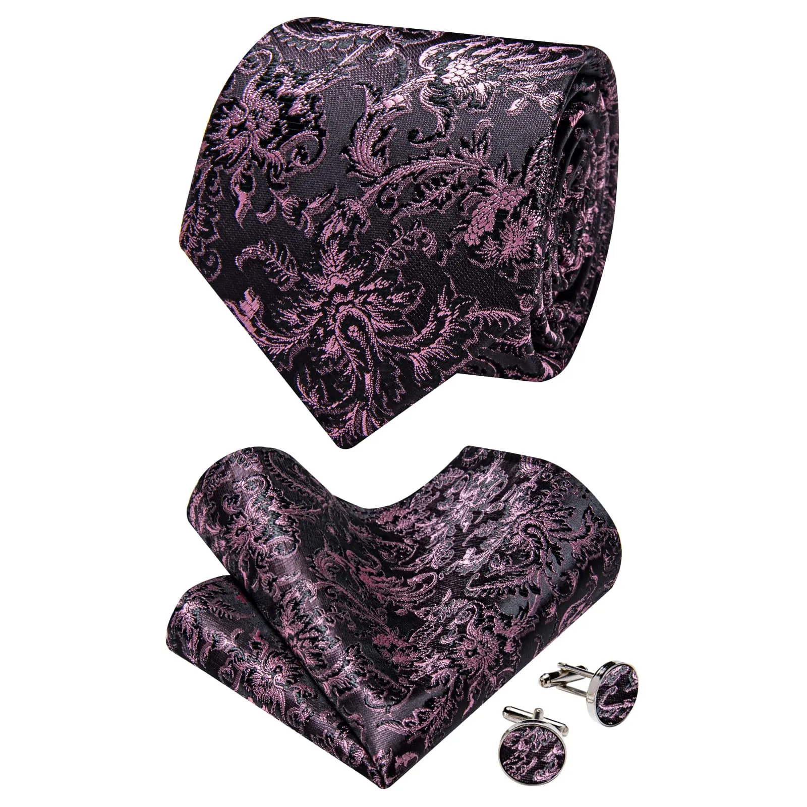 YourTies Black Solid Long Sleeve Shirt with Black Purple Floral Silk Tie for Men