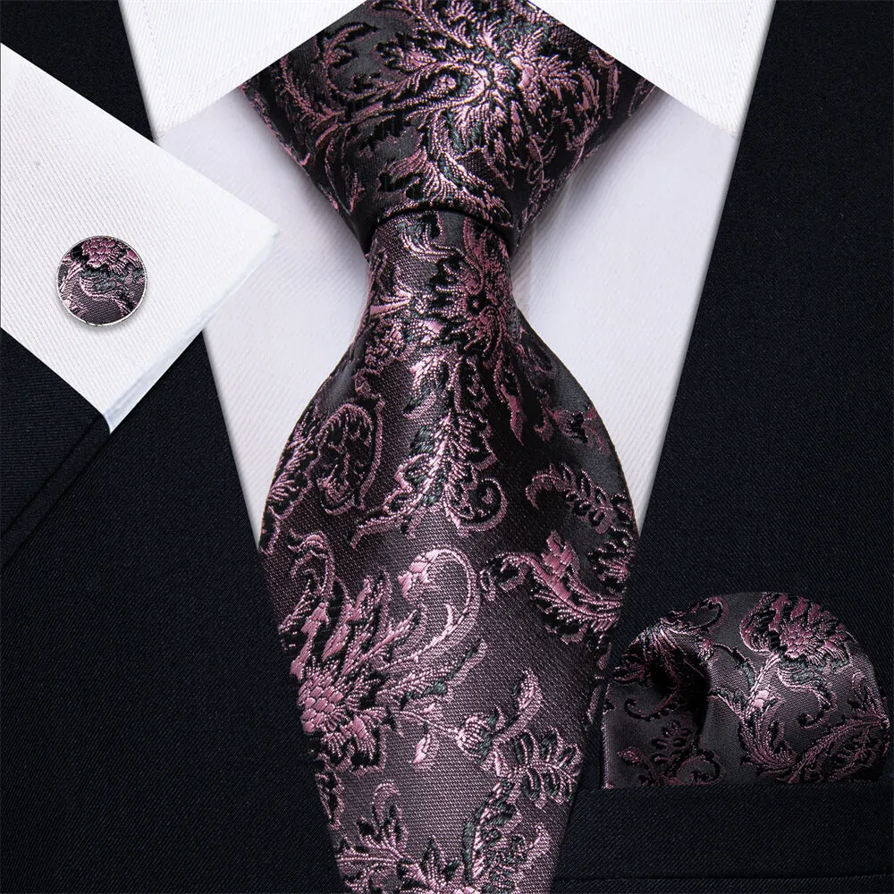 YourTies Black Solid Long Sleeve Shirt with Black Purple Floral Silk Tie for Men